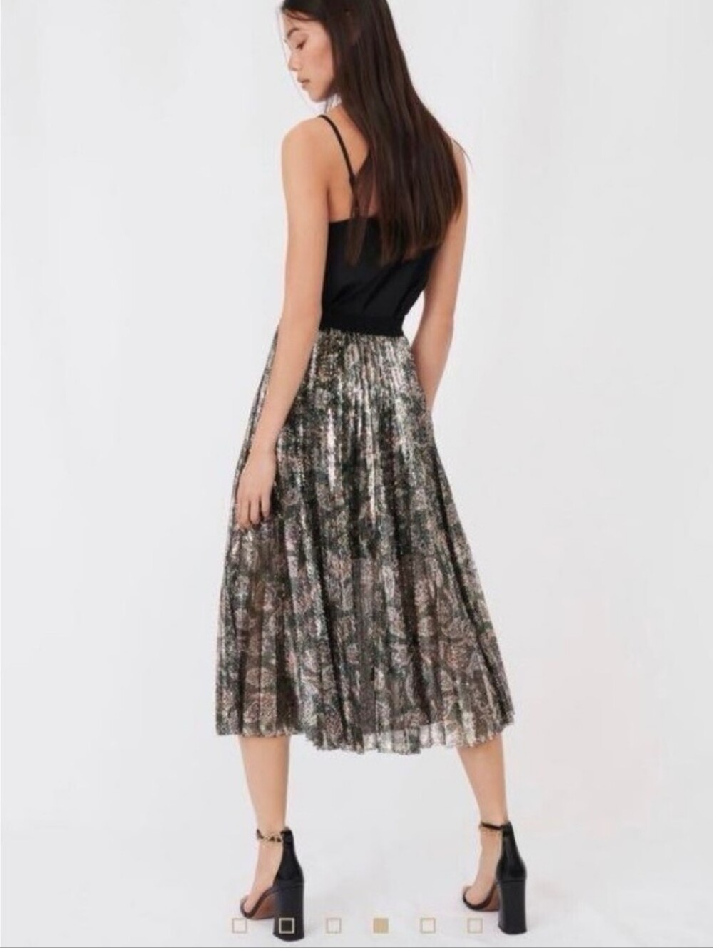 Bushwick - Maje Metallic Pleated Midi Skirt - Black and Silver